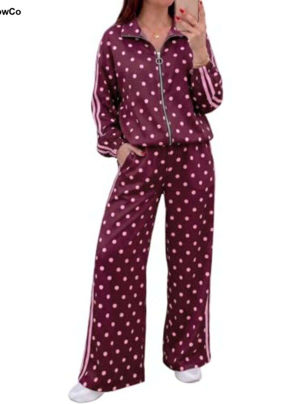 Women's Polka Dot 2 Piece Track Set Zip Up Long Sleeve Wide Leg Pant Lounge